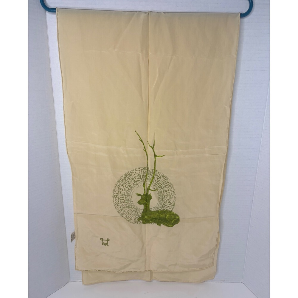 Vtg Triangle Pure Silk Scarf Hand Printed Green Deer Stag Cream Rectangular Wrap